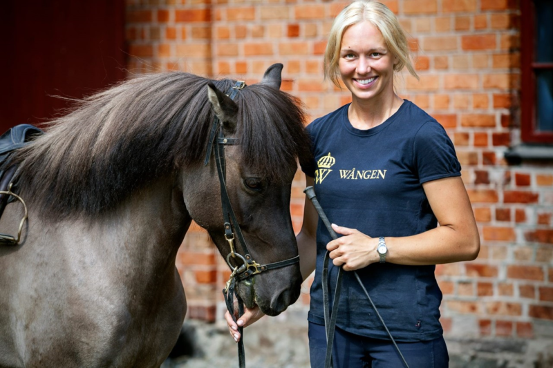 Hippologprogrammet har både islands och travinriktning. På bilden står en kvinna i Wångentröja och håller i tygeln på en islandshäst.