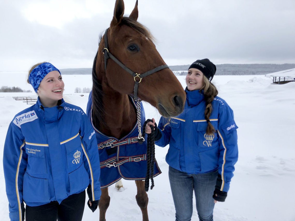 I blå Wångenjackor står Emmie och Lovisa på varsin sida om en brun häst i blått täcke, bakom dem ett vitt vinterlandskap.