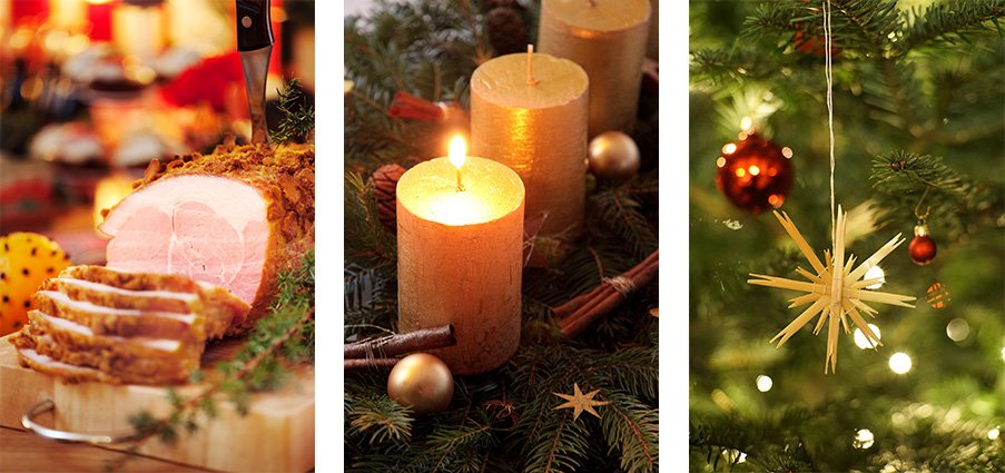 Julstämning i tre bilder. Skinka på julbord, ljusen är tända och dekorationerna hänger i granen