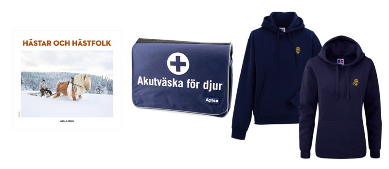 Urval av julklappstips en bok en akutväska och tröjor med Wångens sigill