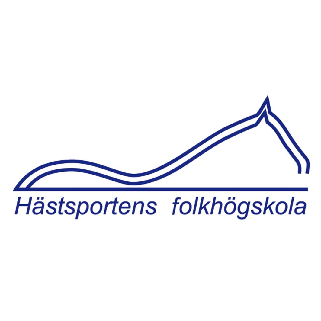 Logotypen för hästsportens folkhögskola är en siluett som visar överlinen på en häst med dubbla blå streck