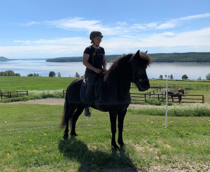 Kvinna i t-shirt, ridbyxor och hjälm sitter till på en svart islandshäst. Det är sommar och i bakgrunden syns hästhagar, gröna fält och en sjö.