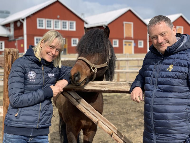 Kvinna och man står lutade mot en trägrind som leder in till en rasthage. Mellan dem tittar en brun islandshäst med svart man och grimma på sig fram. I bakgrunden syns röda stallbyggnader