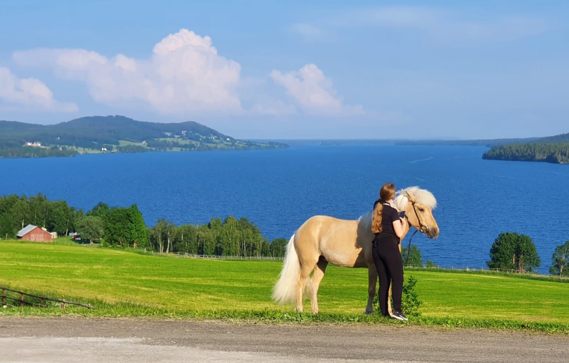 Ljusfuxfärgad islandshäst står bredvid ung flicka som har ryggen mot kameran. I bakgrunden syns den blå Alsensjön.