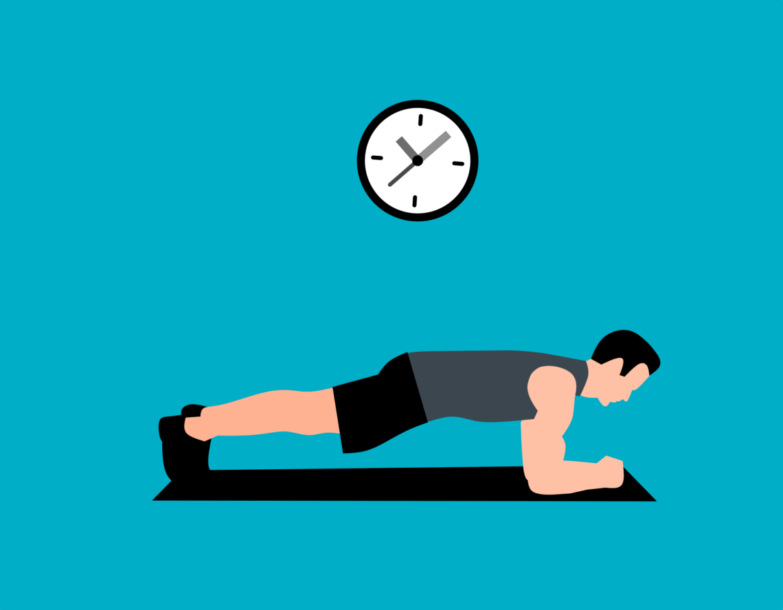 Illustration av man som gör plankan på en yogamatta. En klocka sitter på väggen