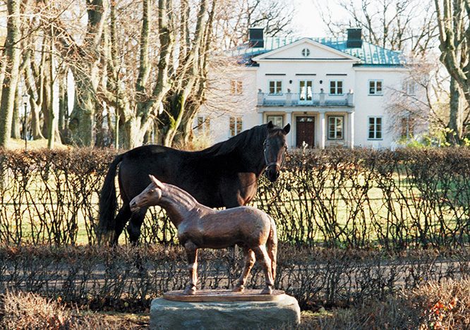 En stor varmblodstravare tittar på en bronsstaty av en häst. I bakgrunden syns en vit stor herrgårdsbyggnad.