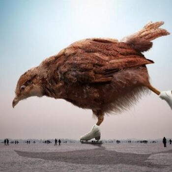 Manipulerad bild. Stor fågel som åker skridskor bland människor som är väldigt små i förhållande till fågeln.