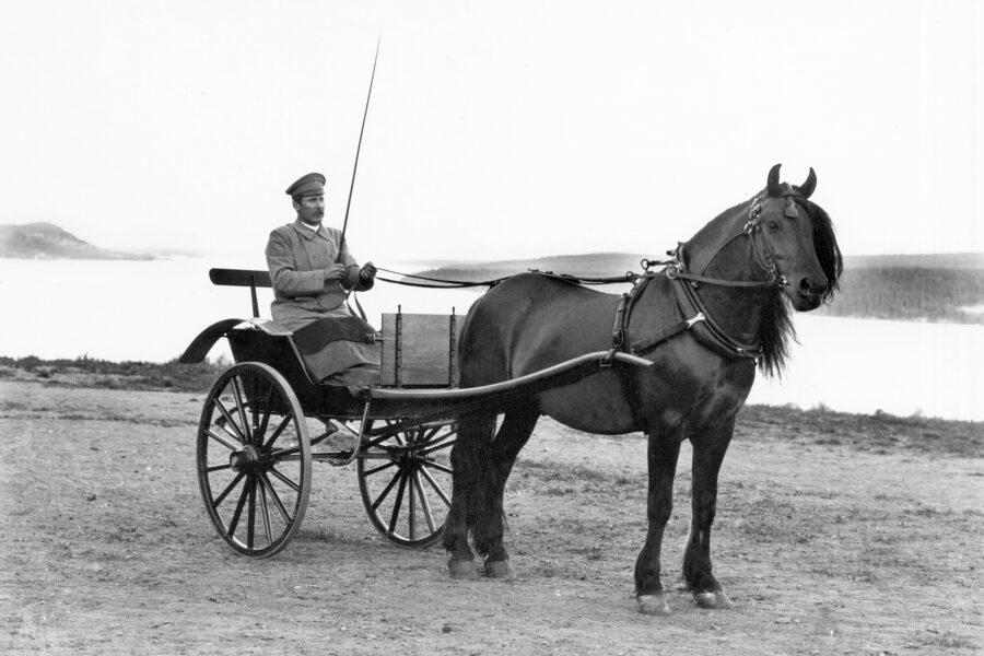 En svartvit bild av en man i uniform kör en häst.